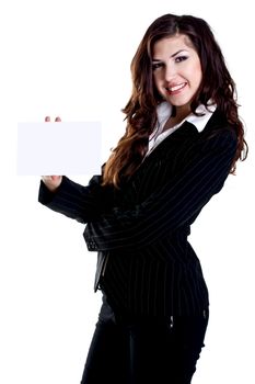 young business woman with business card on a white background