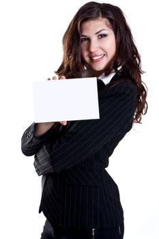 young business woman with business card on a white background