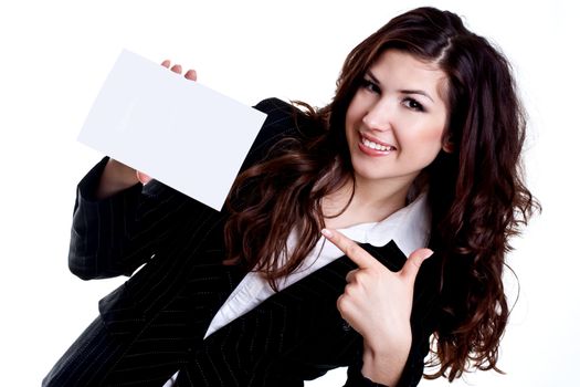 young business woman with business card on a white background