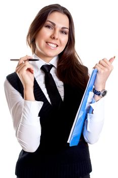 business woman in a suit with clipboard on a white background