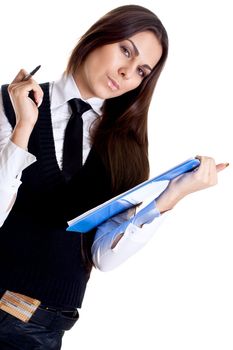 business woman in a suit with clipboard on a white background