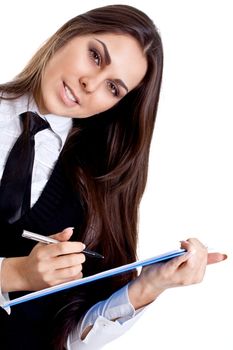 business woman in a suit with clipboard on a white background