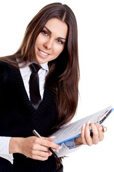 business woman in a suit with clipboard on a white background