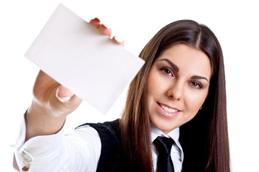 young business woman with business card on a white background