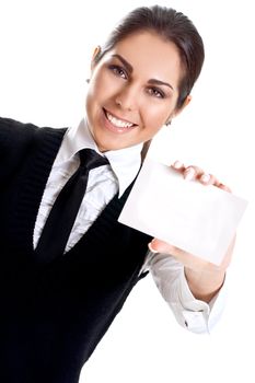 young business woman with business card on a white background