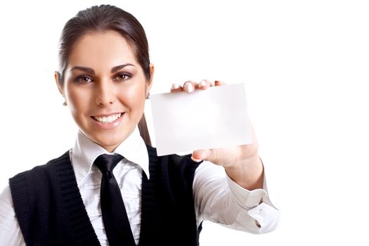 young business woman with business card on a white background