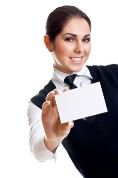 young business woman with business card on a white background