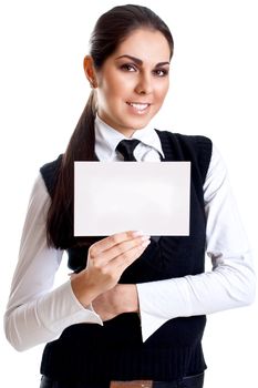 young business woman with business card on a white background