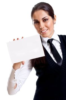 young business woman with business card on a white background