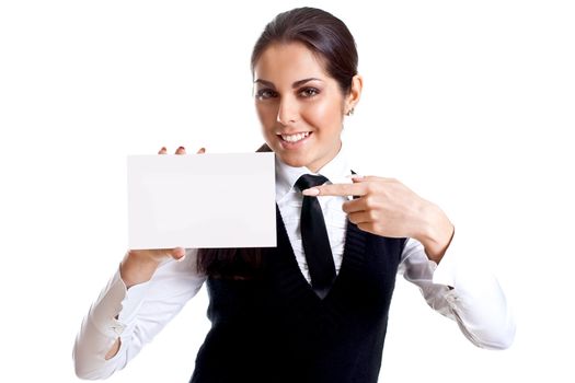 young business woman with business card on a white background