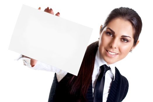 young business woman with business card on a white background