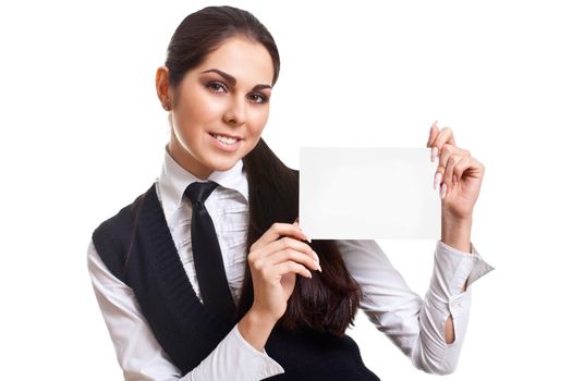 young business woman with business card on a white background