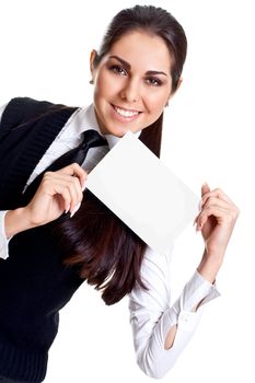 young business woman with business card on a white background