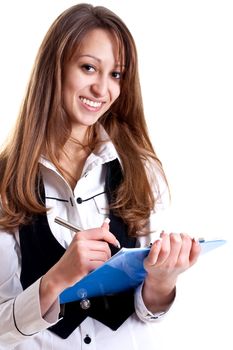 business woman in a suit with clipboard on a white background