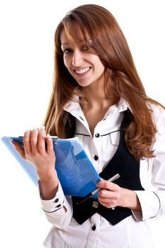 business woman in a suit with clipboard on a white background