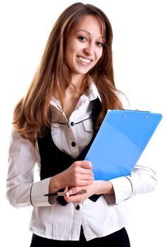 business woman in a suit with clipboard on a white background