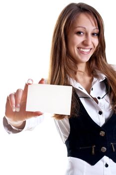 young business woman with business card on a white background