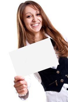 young business woman with business card on a white background