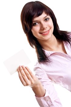 young woman with business card on a white background