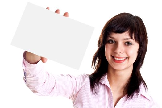 young woman with business card on a white background