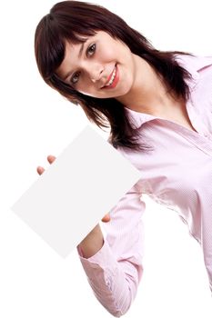 young woman with business card on a white background