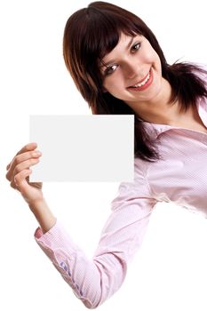 young woman with business card on a white background