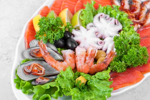 appetizer closeup of different seafood and vegetables