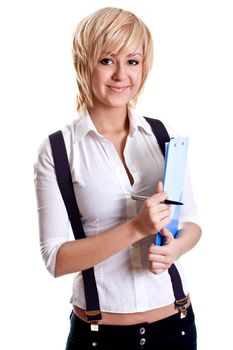 business woman in a suit with clipboard on a white background