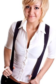 business woman in a suit on a white background