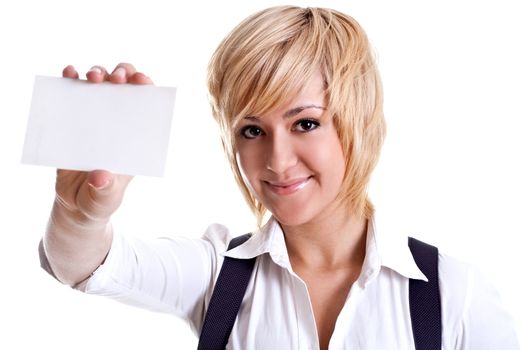 young business woman with business card on a white background