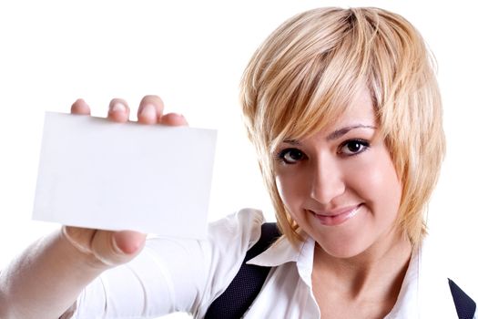 young business woman with business card on a white background