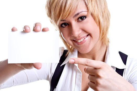 young business woman with business card on a white background