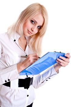 business woman in a suit with clipboard on a white background