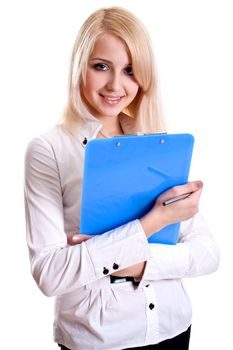 business woman in a suit with clipboard on a white background