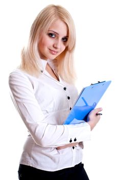 business woman in a suit with clipboard on a white background