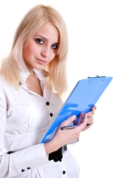 business woman in a suit with clipboard on a white background