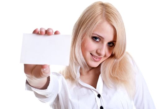 young business woman with business card on a white background