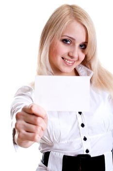 young business woman with business card on a white background