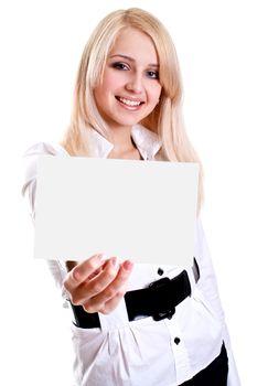 young business woman with business card on a white background
