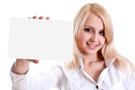 young business woman with business card on a white background