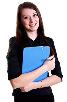business woman in a suit with clipboard on a white background