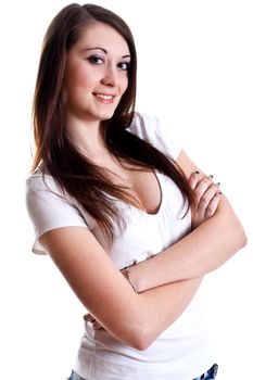 smiling young woman posing on a white background