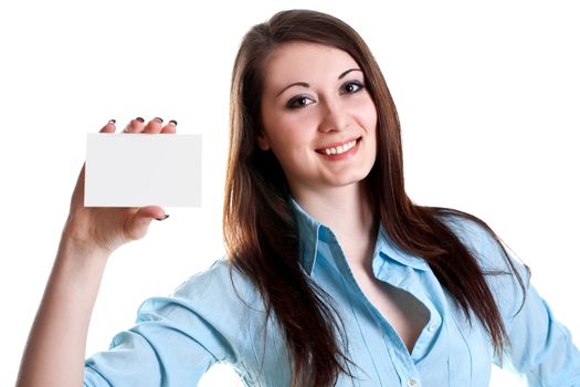 young business woman with business card on a white background