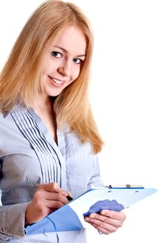 business woman in a suit with clipboard on a white background