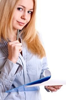 business woman in a suit with clipboard on a white background