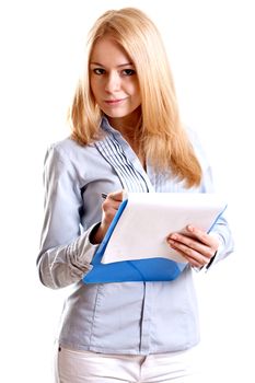 business woman in a suit with clipboard on a white background