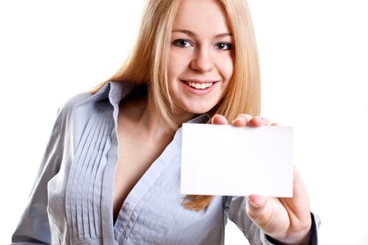 young business woman with business card on a white background