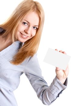 young business woman with business card on a white background