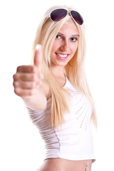 woman in a white shirt giving thumbs-up on a white background