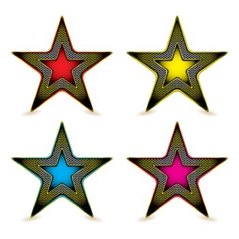 Collection of four gold metal star icons with colourful inserts